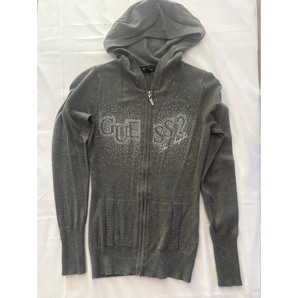 Women's Guess Los Angeles Rhinestone Logo Zip Up Hoodie Gray Knit Sweater XS